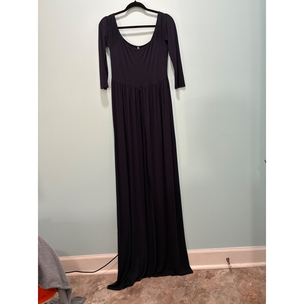 Mother Bee Maternity Black Scoop Neck 3/4 Sleeve Open Front Maxi Dress Large